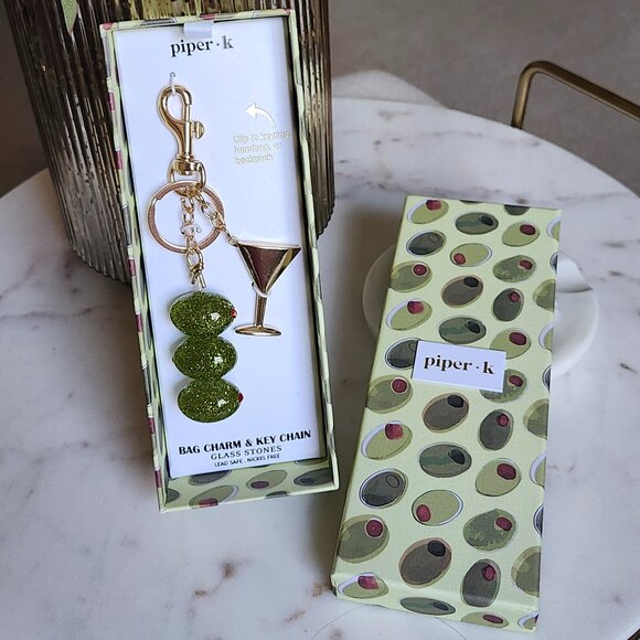 Piper K Accessories - Martini Key Chain/ Bag Charm Green and Gold